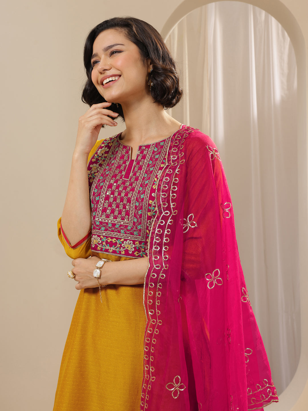  Mustard Embroidered Silk Blend Straight Suit Sets With Dupatta 