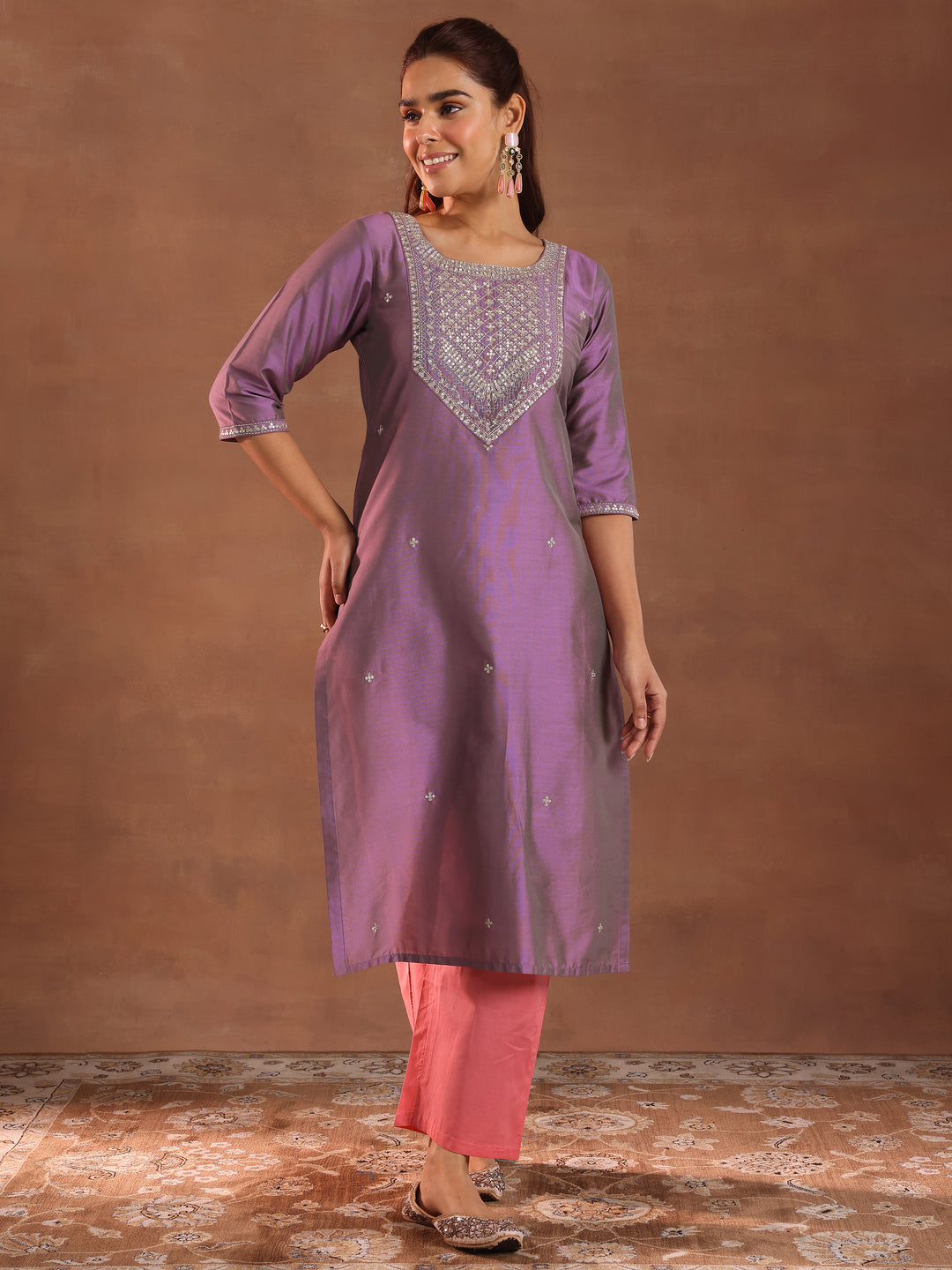  Purple Embroidered Silk Straight Kurta 