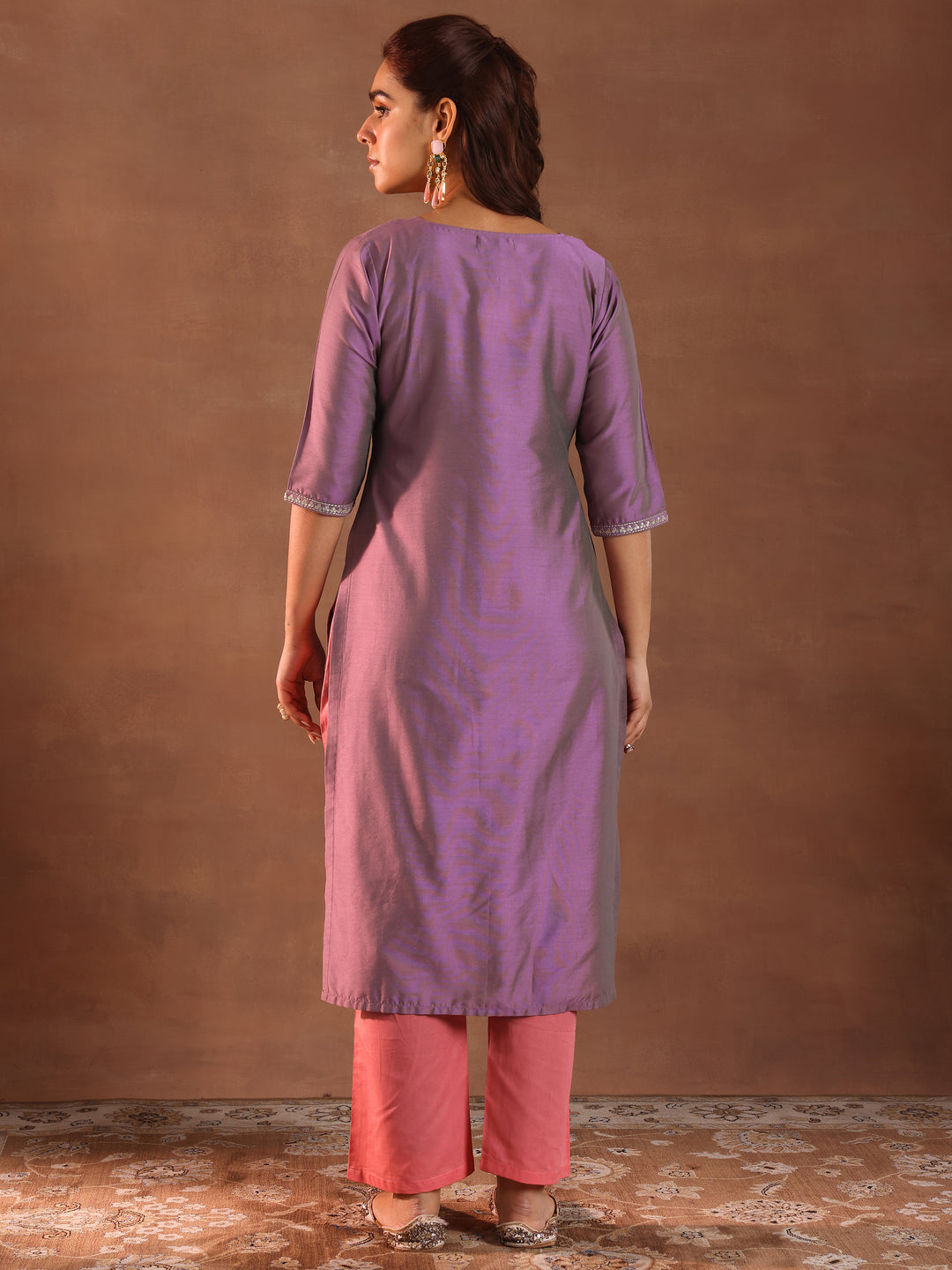  Purple Embroidered Silk Straight Kurta 