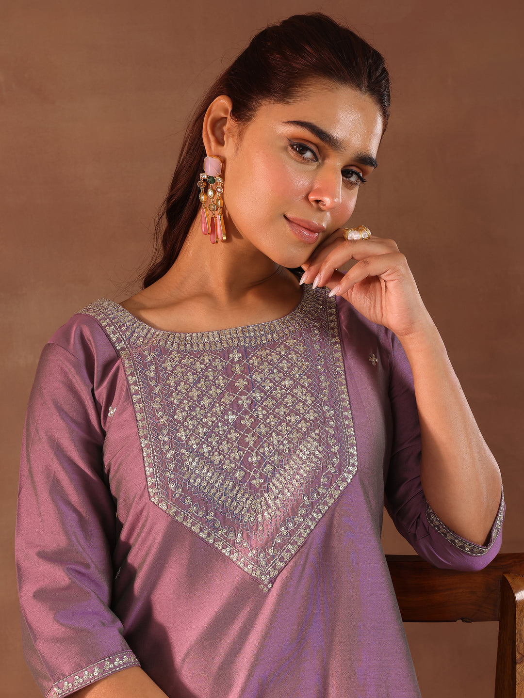  Purple Embroidered Silk Straight Kurta 