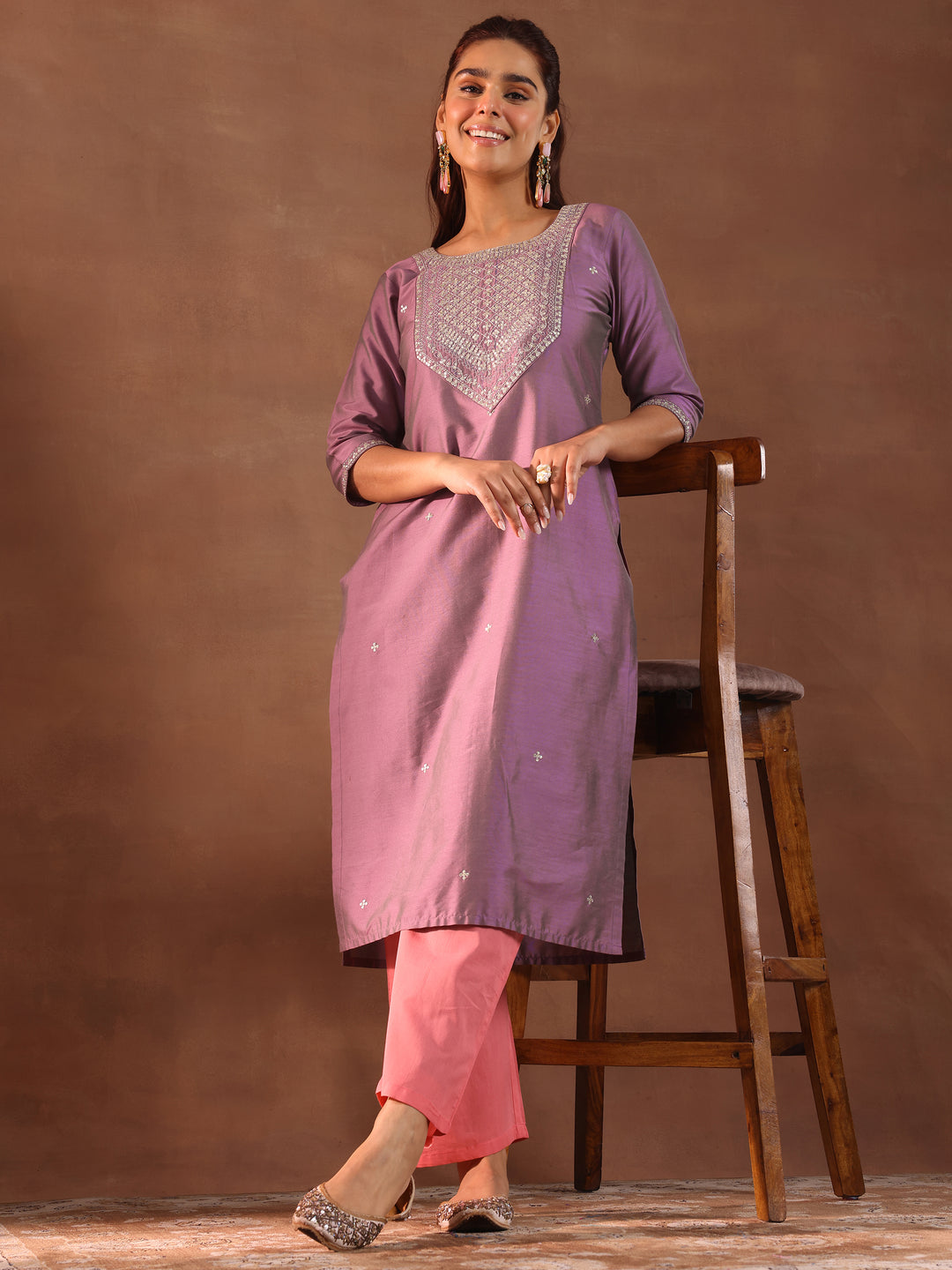 Purple Embroidered Silk Straight Kurta