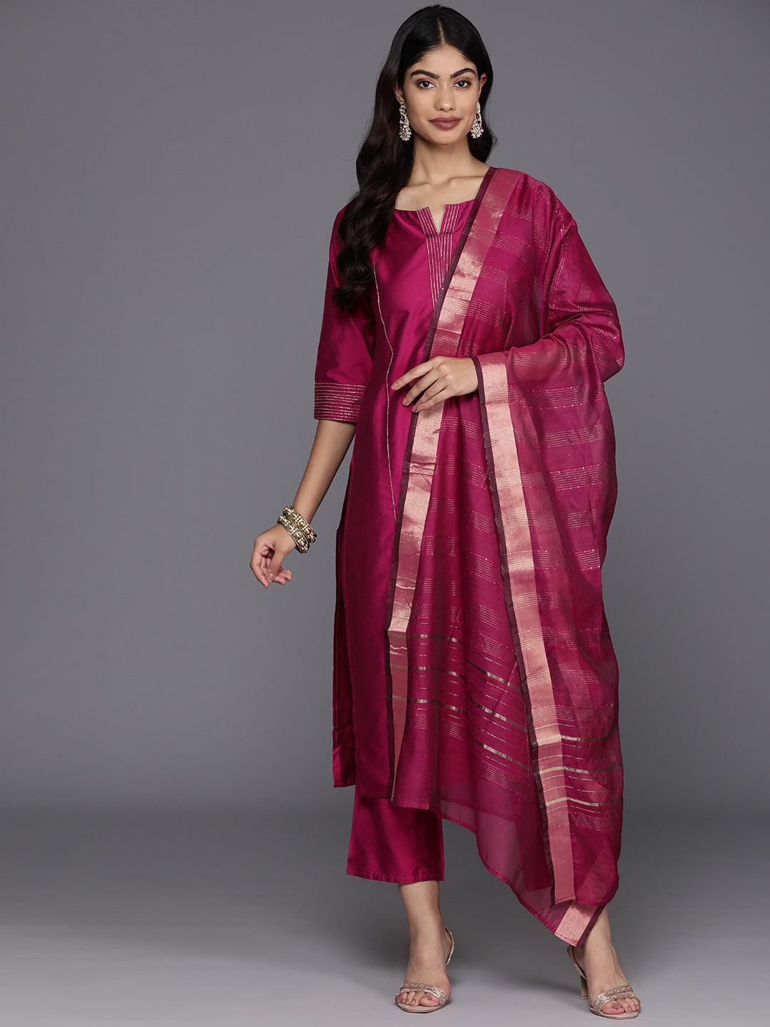 Pink Solid Silk Blend Straight Suit With Dupatta - Libas