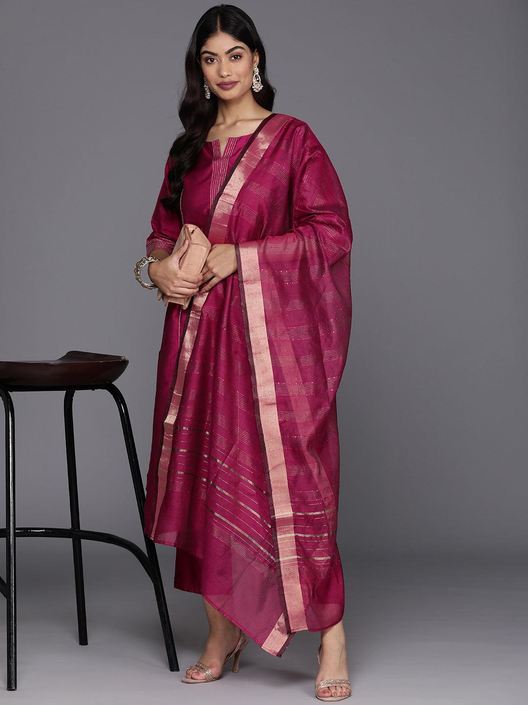 Pink Solid Silk Blend Straight Suit With Dupatta - Libas