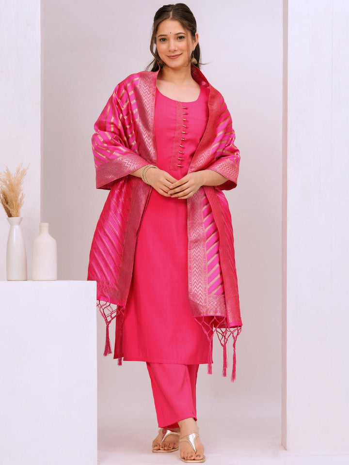 Pink Solid Silk Blend Straight Suit With Dupatta - Libas