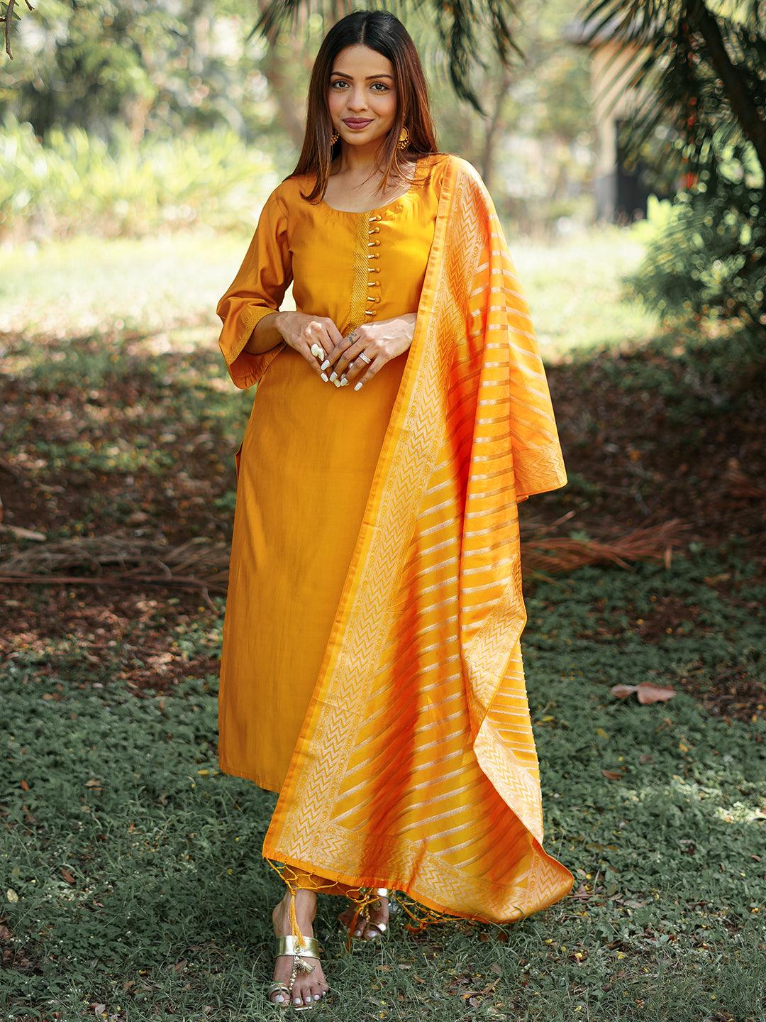 Mustard Solid Silk Blend Straight Suit With Dupatta - Libas