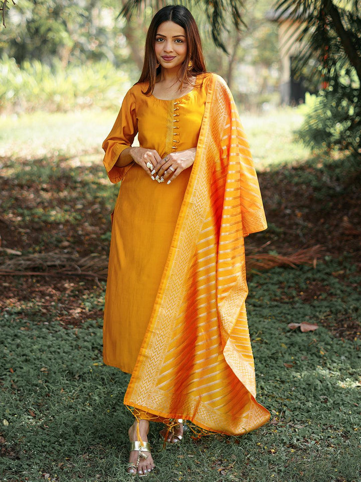 Mustard Solid Silk Blend Straight Suit With Dupatta - Libas