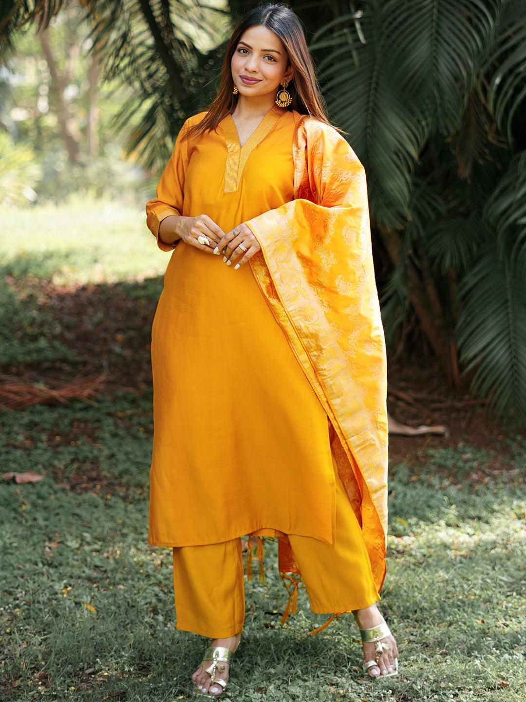 Mustard Solid Silk Blend Straight Suit With Dupatta - Libas 