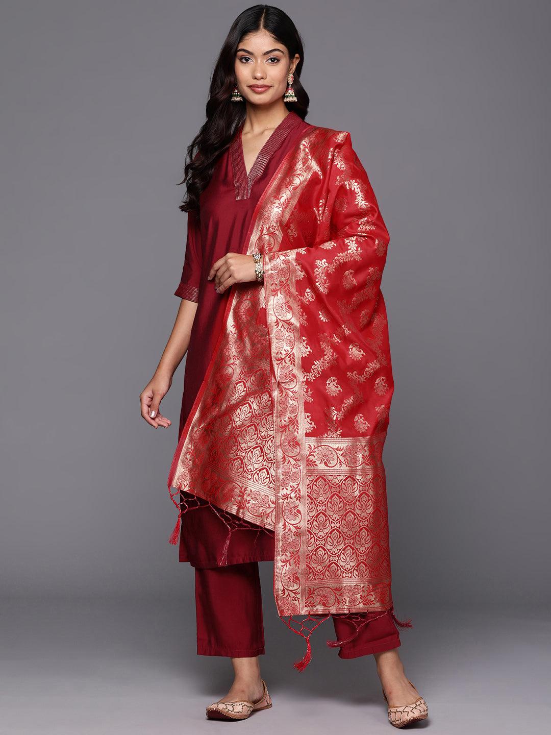 Red Silk Blend Solid Straight Suit With Dupatta - Libas 