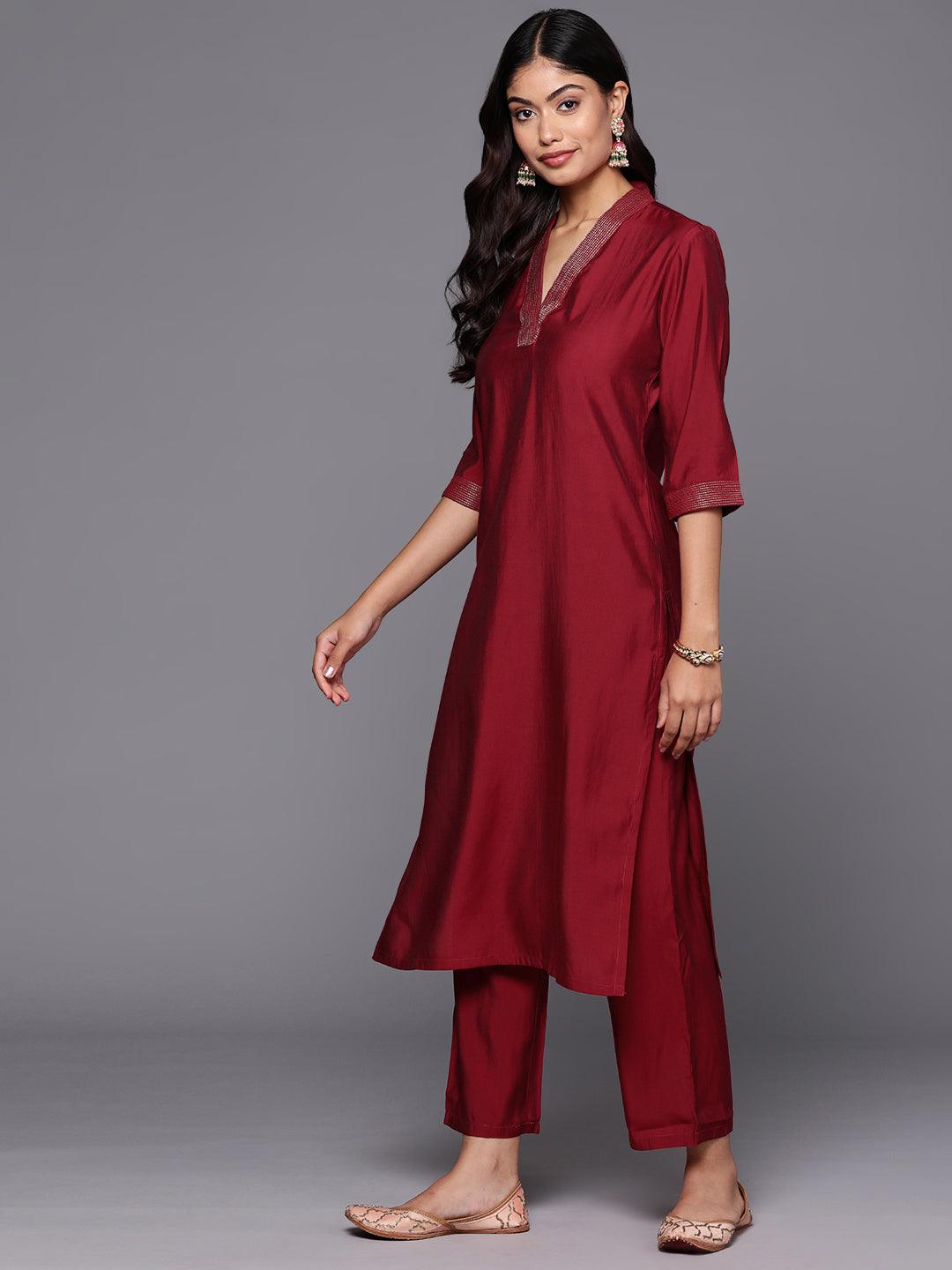 Red Silk Blend Solid Straight Suit With Dupatta - Libas