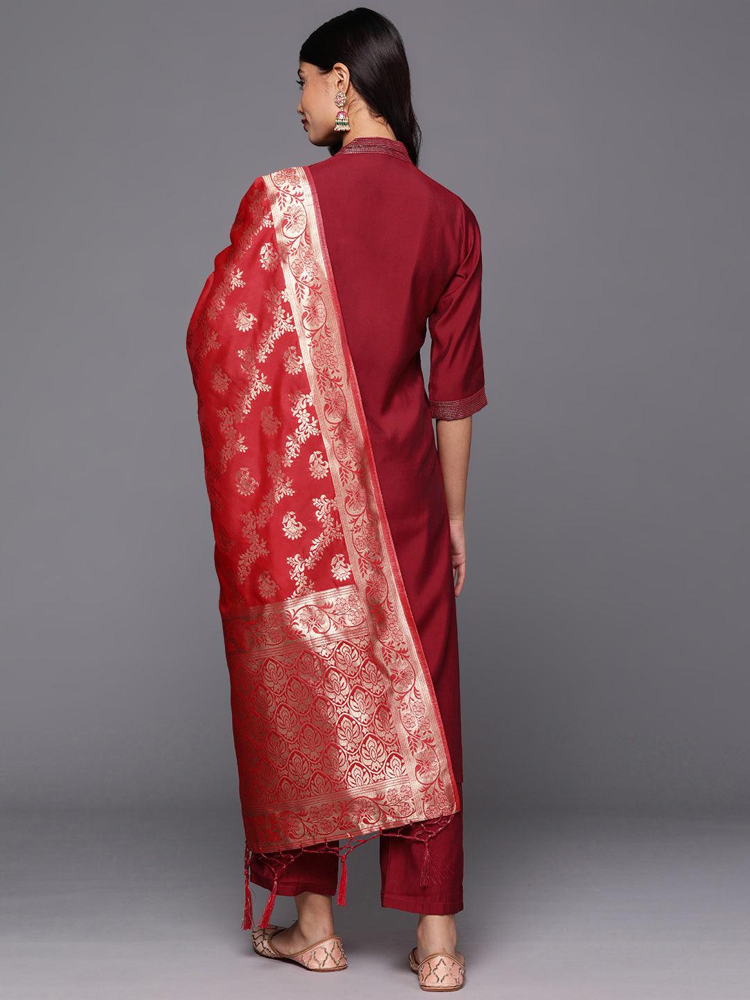 Red Silk Blend Solid Straight Suit With Dupatta - Libas 