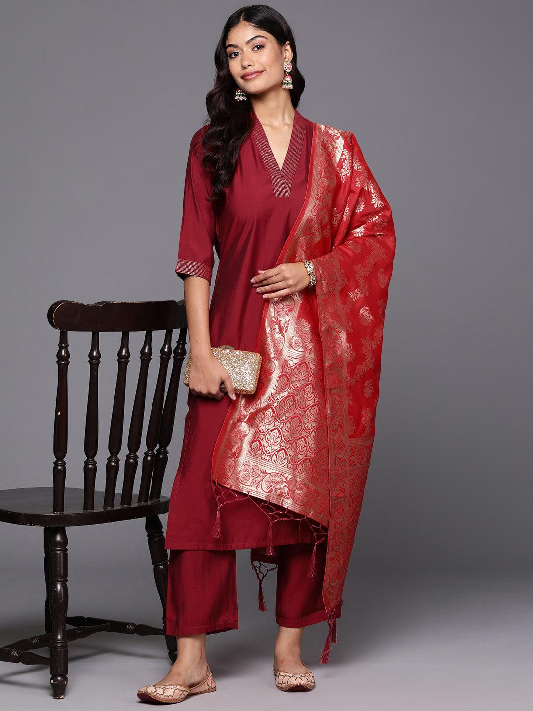 Red Silk Blend Solid Straight Suit With Dupatta - Libas 