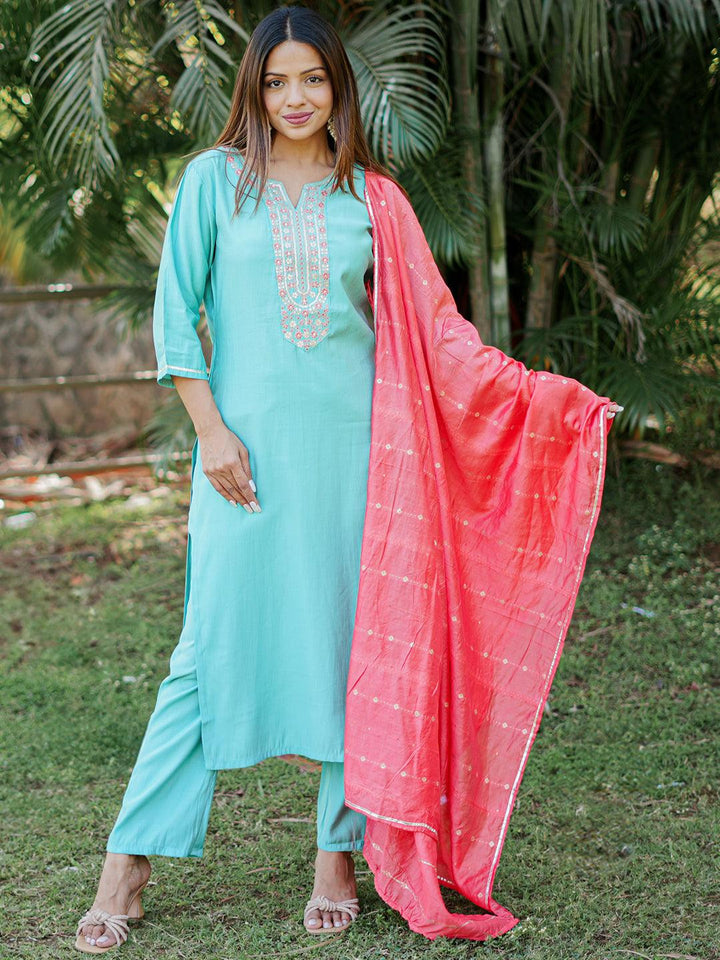 Blue Yoke Design Silk Blend Straight Suit With Dupatta - Libas