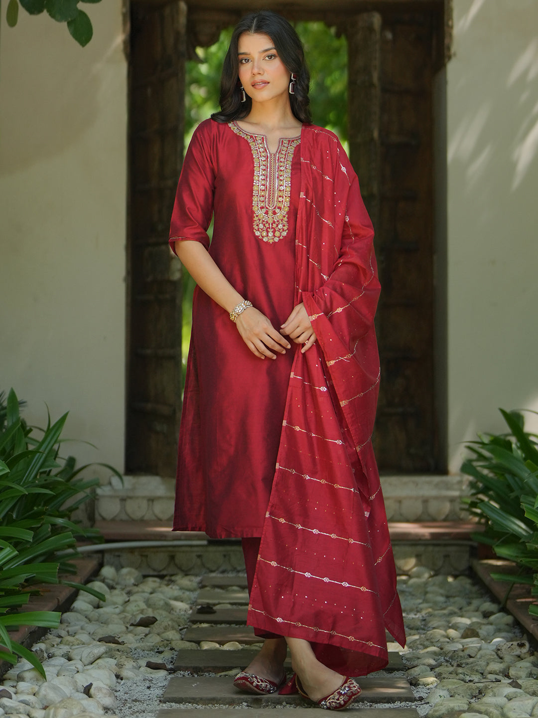 Red Yoke Design Silk Blend Straight Suit With Dupatta