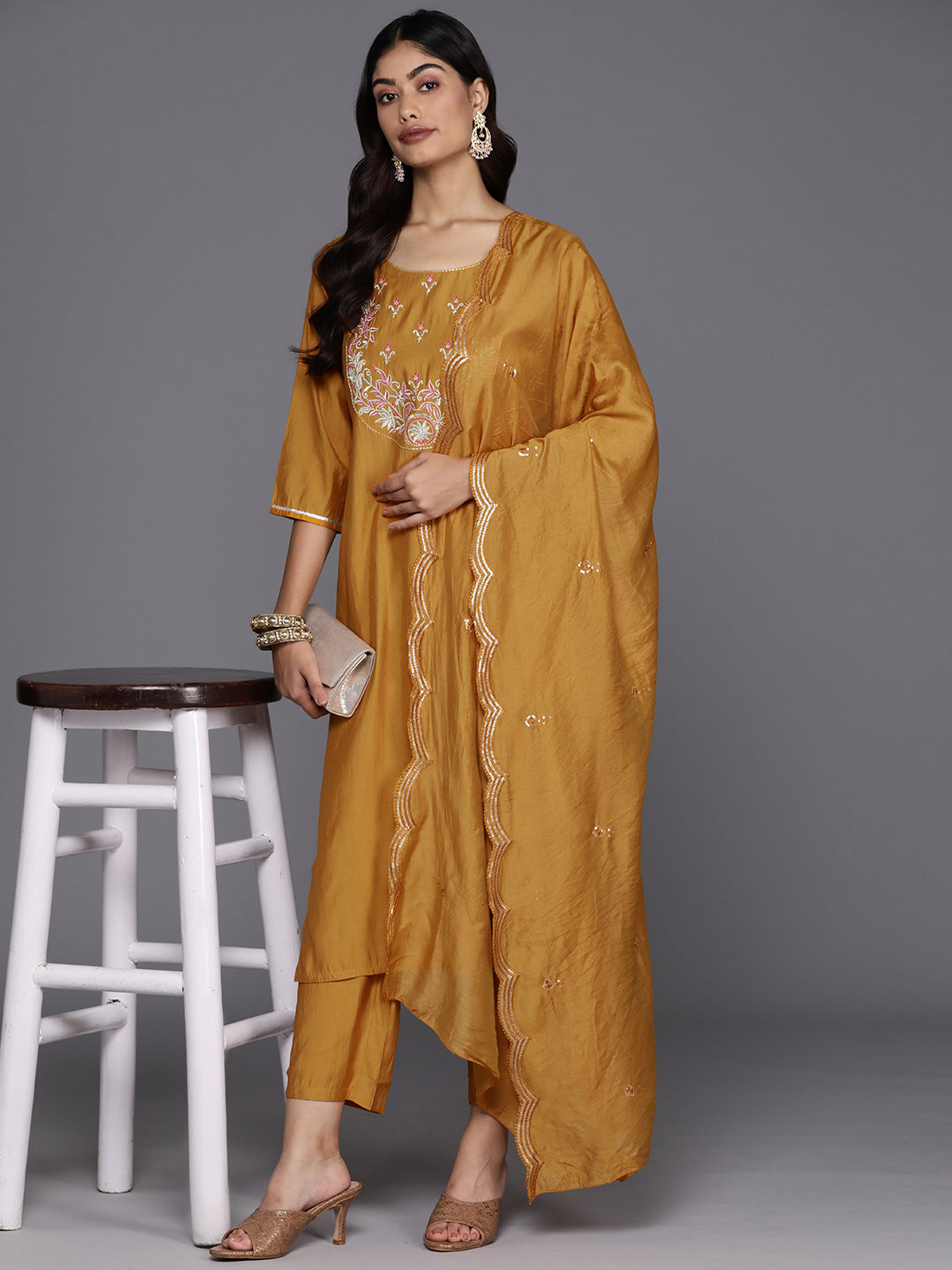  Mustard Yoke Design Silk Blend Straight Suit With Dupatta 