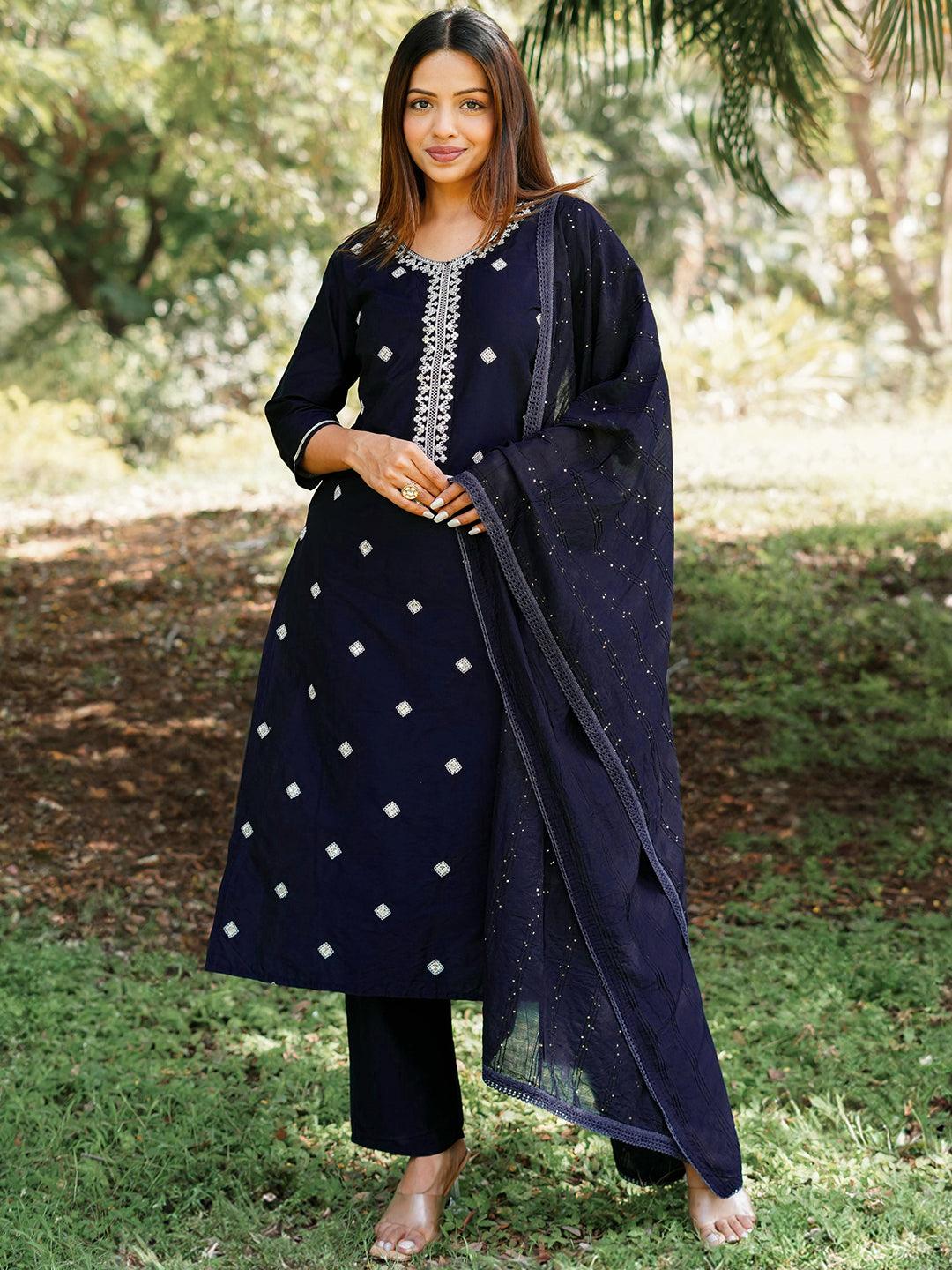 Blue Yoke Design Silk Blend Straight Suit With Dupatta - Libas