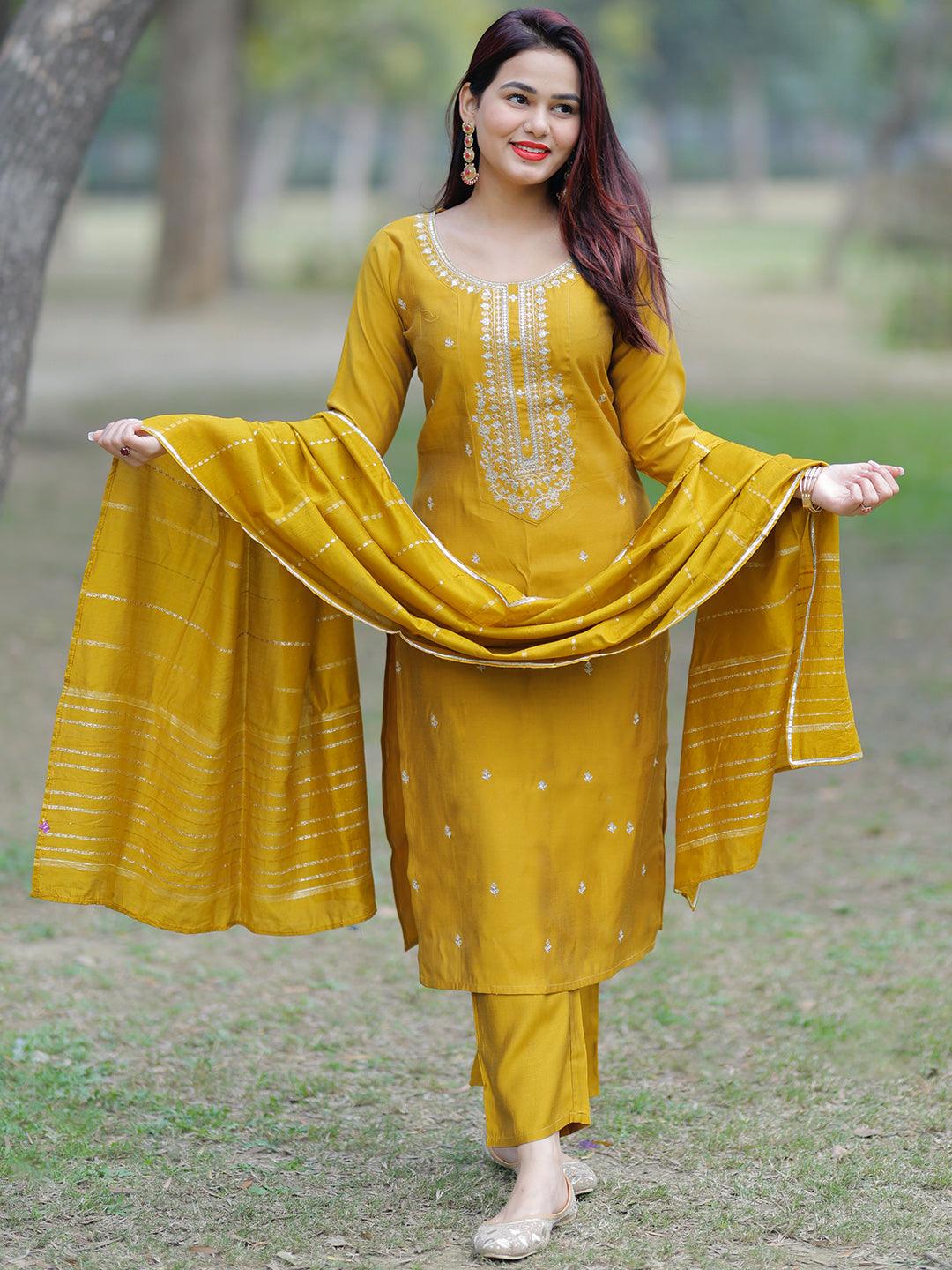 Mustard Yoke Design Silk Blend Straight Suit With Dupatta - Libas 