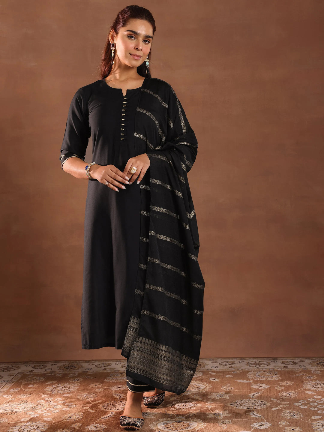  Black Solid Silk Blend Straight Suit Set With Dupatta 