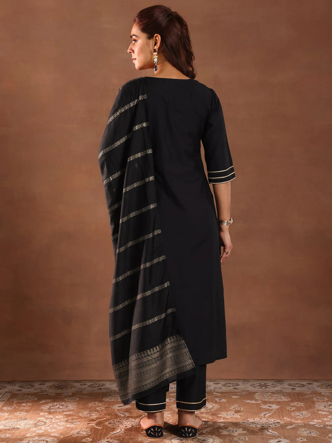  Black Solid Silk Blend Straight Suit Set With Dupatta 