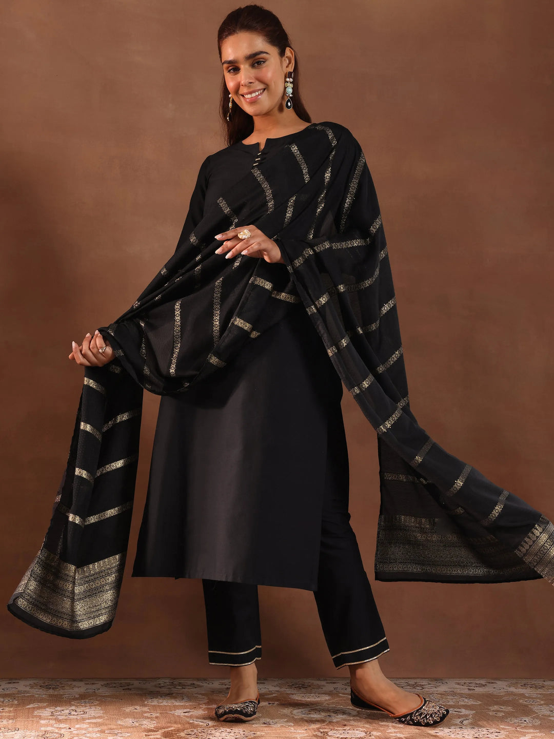  Black Solid Silk Blend Straight Suit Set With Dupatta 