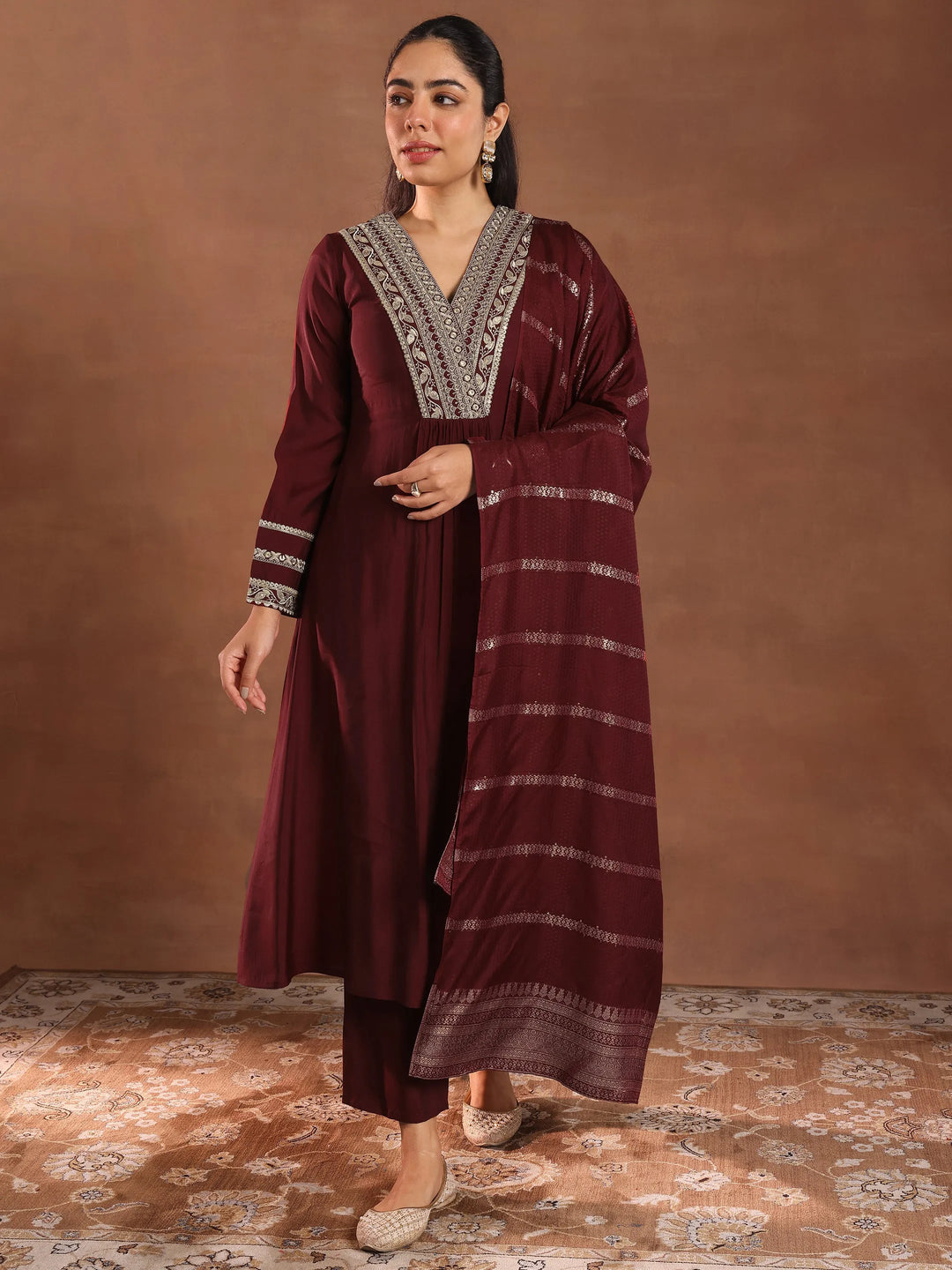  Maroon Embroidered Silk Blend A-Line Suit Set With Dupatta 