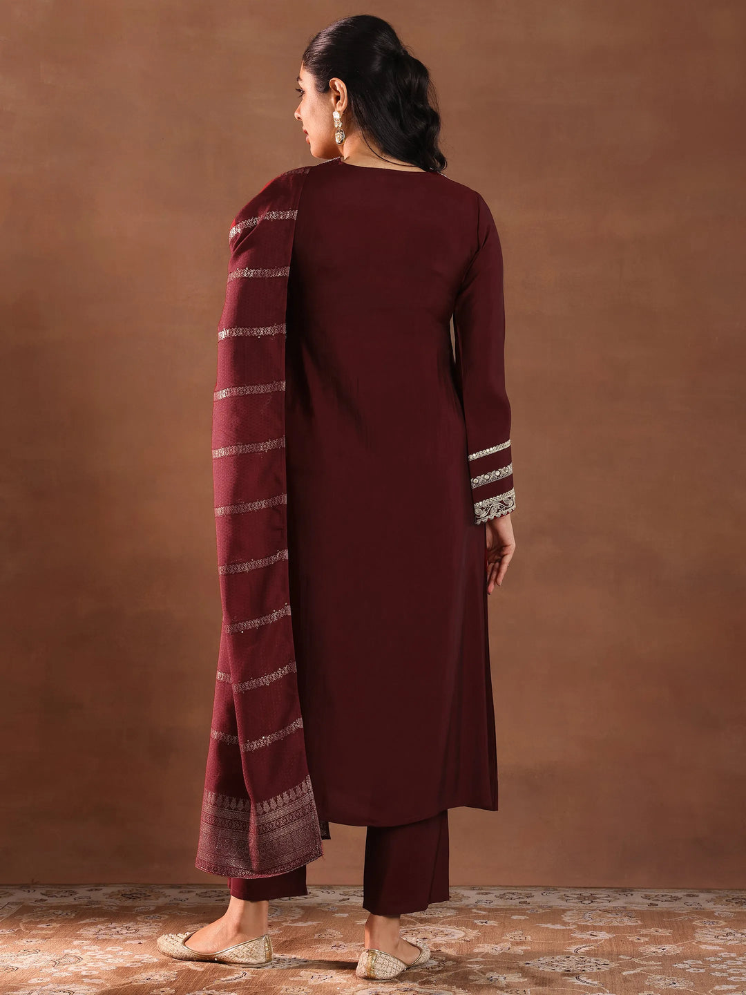  Maroon Embroidered Silk Blend A-Line Suit Set With Dupatta 