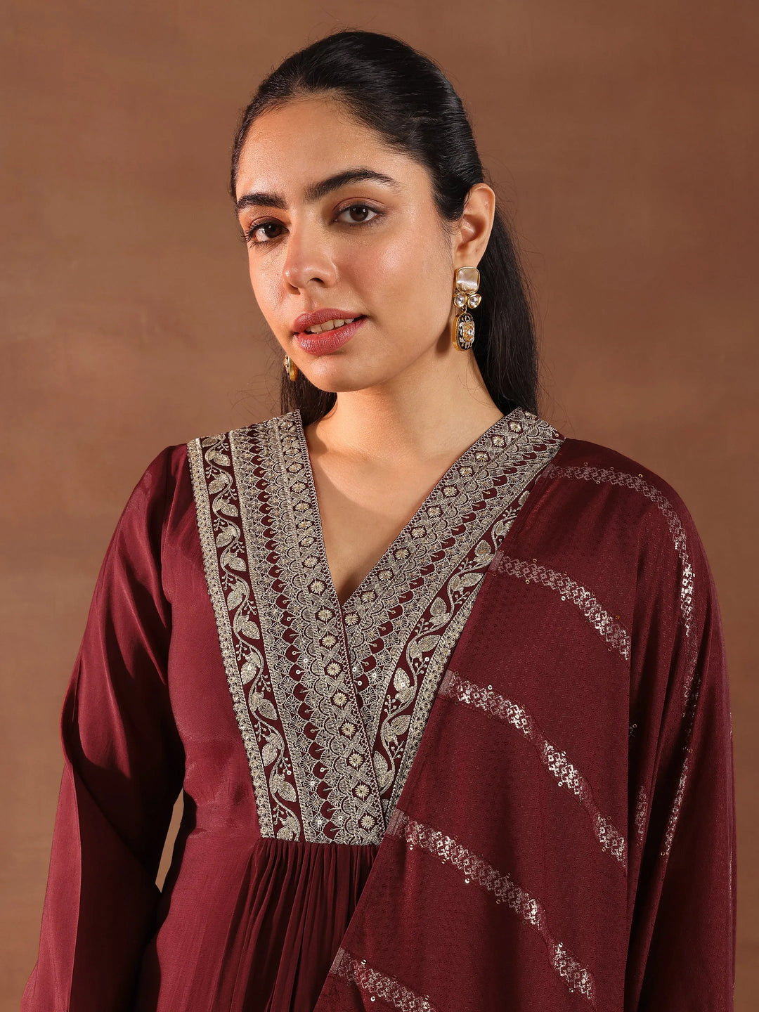  Maroon Embroidered Silk Blend A-Line Suit Set With Dupatta 