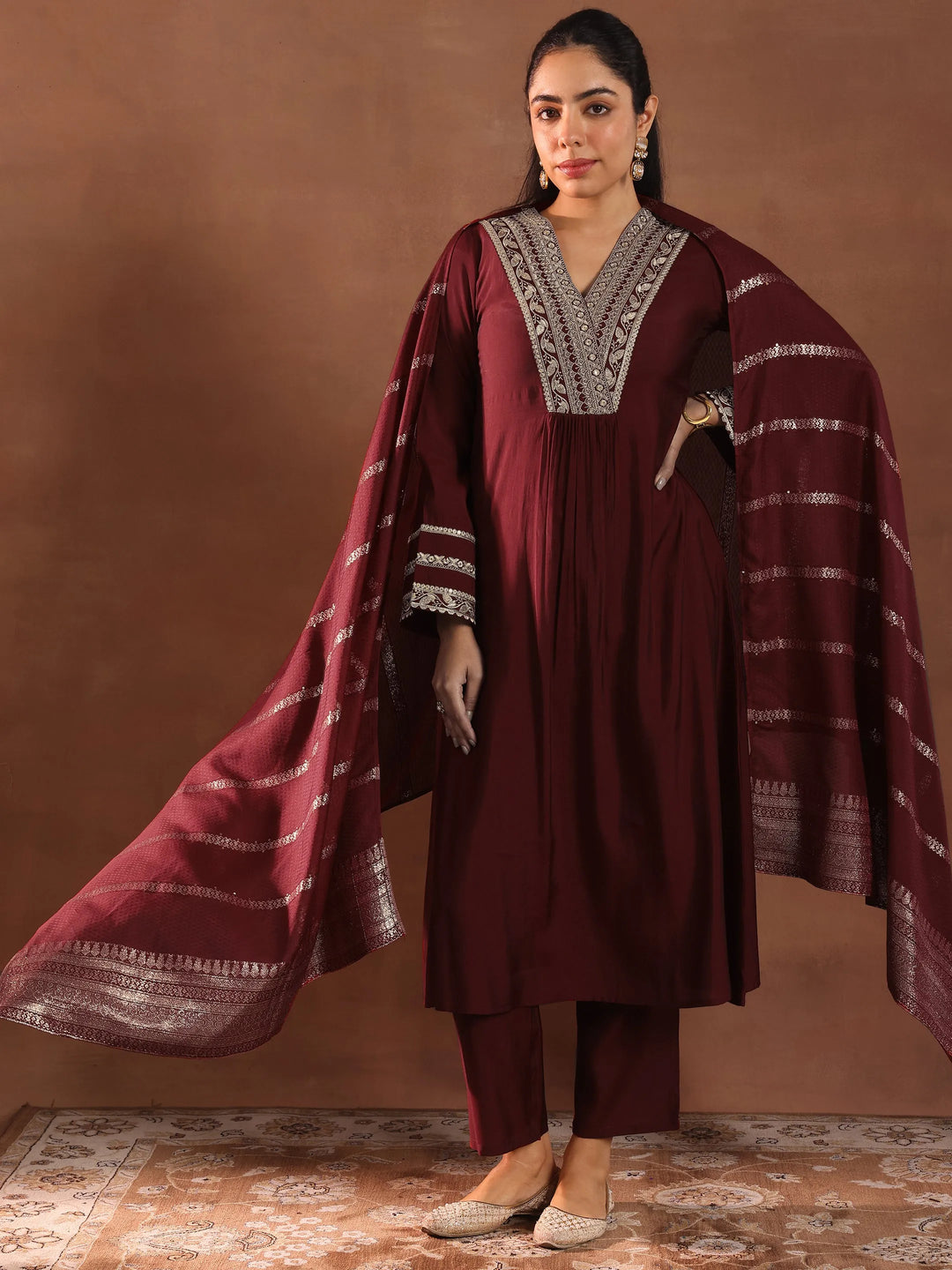 Maroon Embroidered Silk Blend A-Line Suit Set With Dupatta