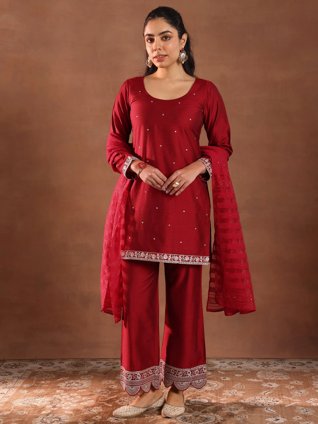  Red Embroidered Silk Blend Straight Suit Set With Dupatta 