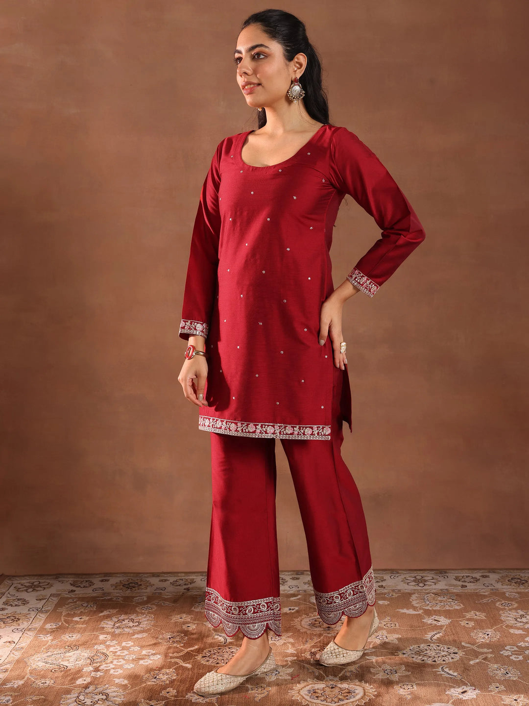  Red Embroidered Silk Blend Straight Suit Set With Dupatta 