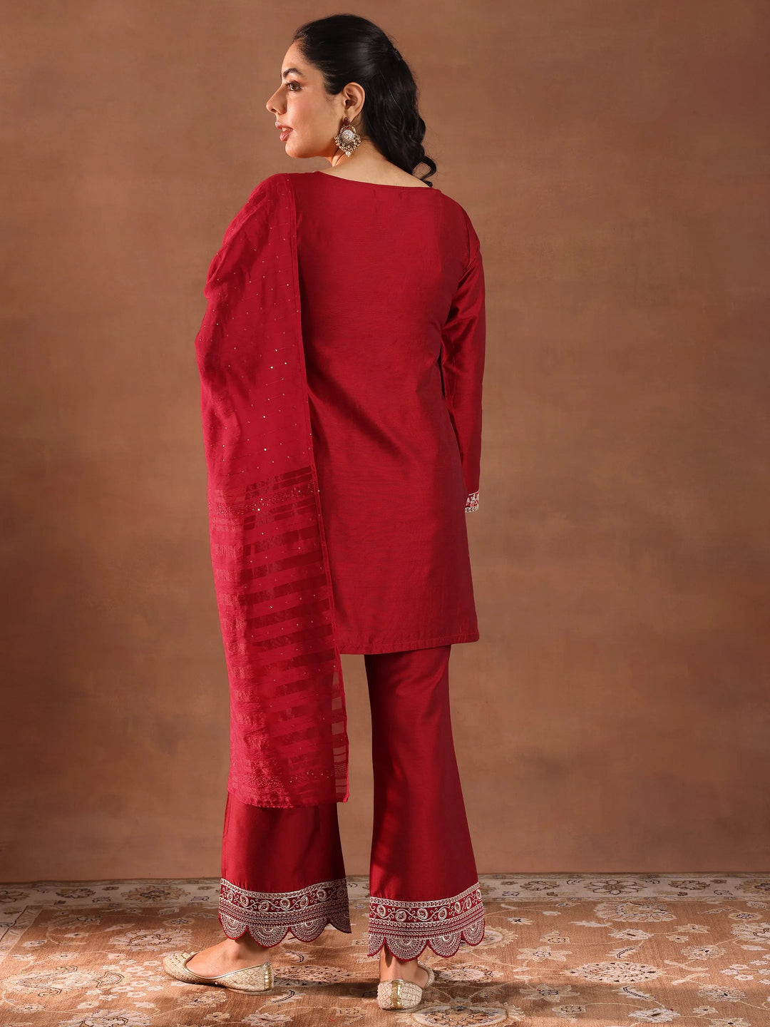  Red Embroidered Silk Blend Straight Suit Set With Dupatta 