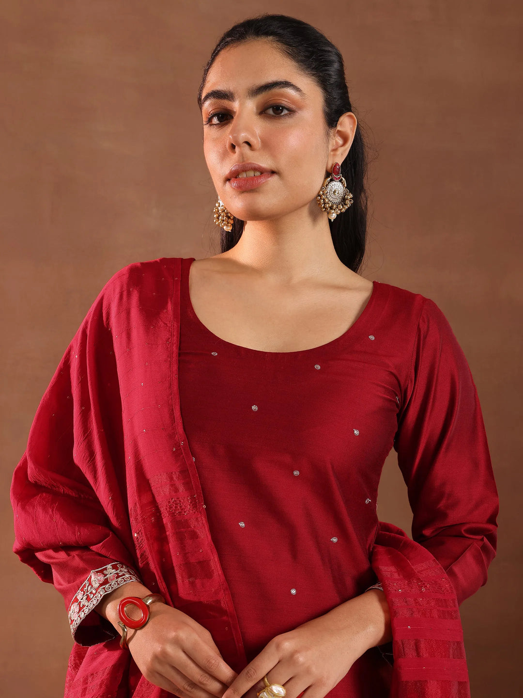  Red Embroidered Silk Blend Straight Suit Set With Dupatta 