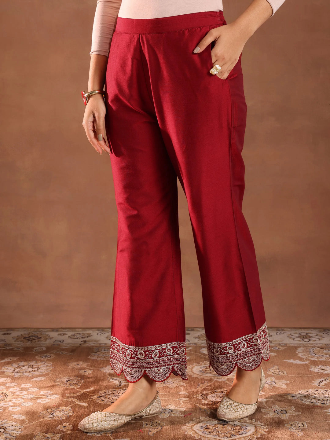  Red Embroidered Silk Blend Straight Suit Set With Dupatta 