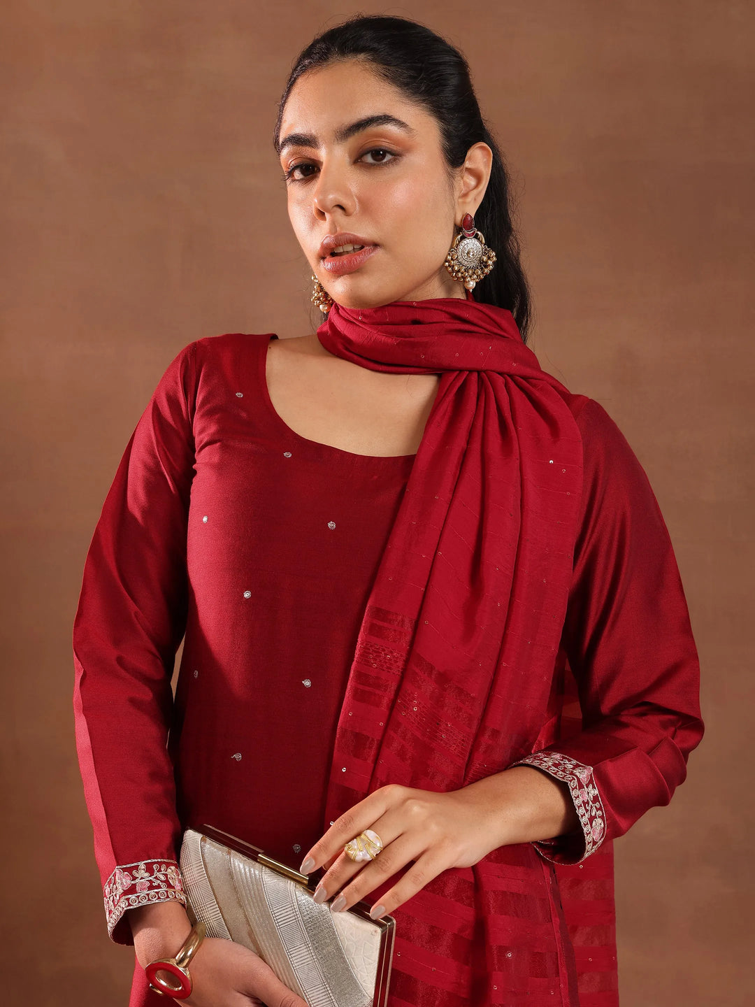  Red Embroidered Silk Blend Straight Suit Set With Dupatta 