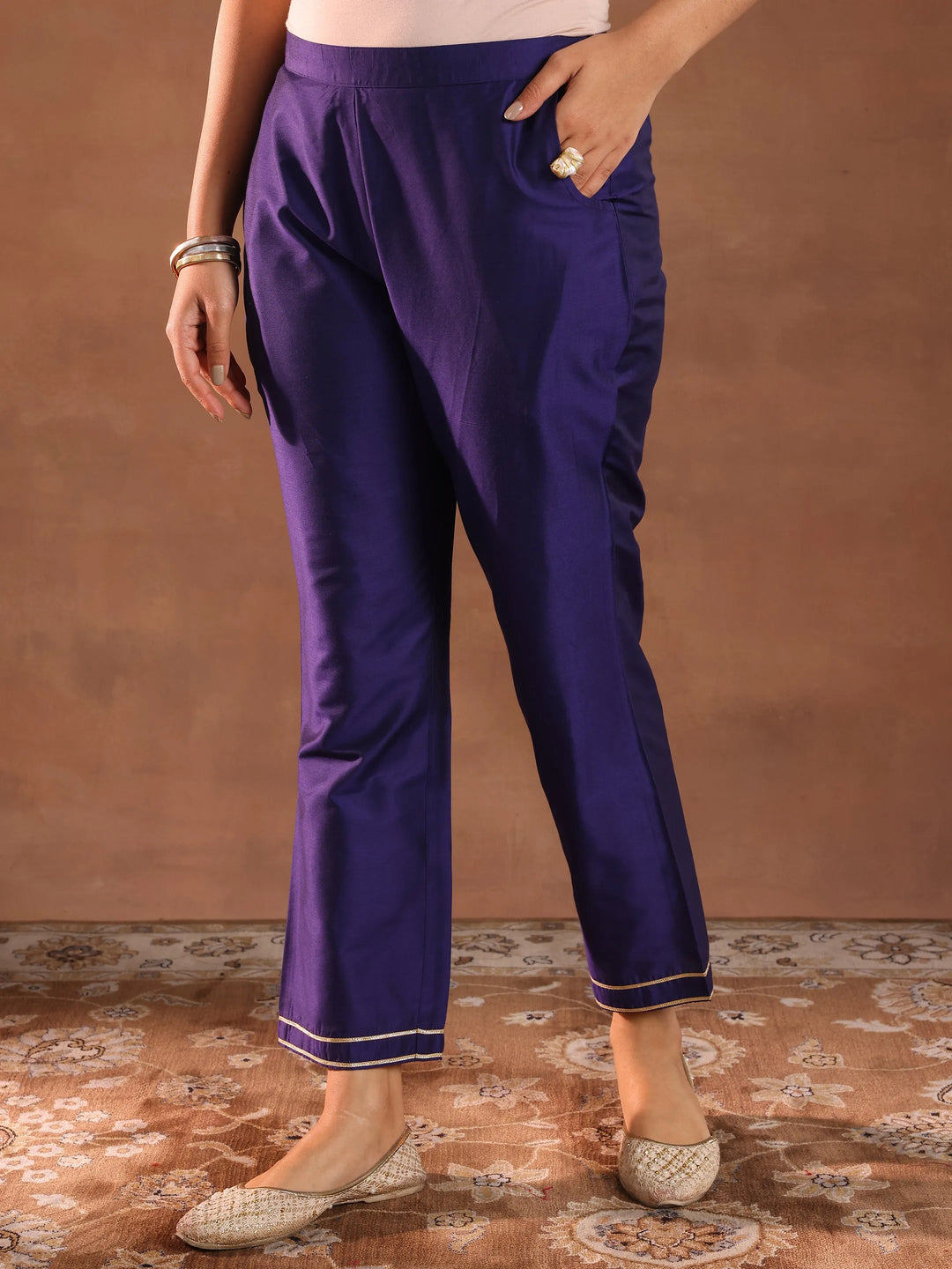  Purple Solid Silk Blend Straight Suit Set With Dupatta 