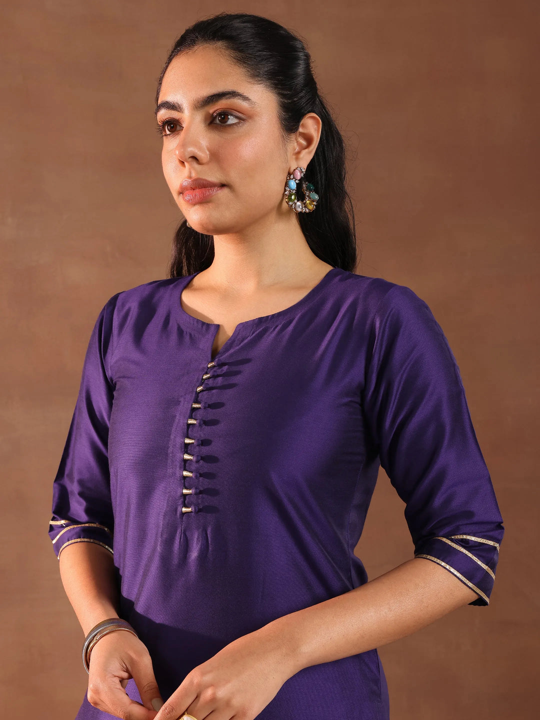  Purple Solid Silk Blend Straight Suit Set With Dupatta 