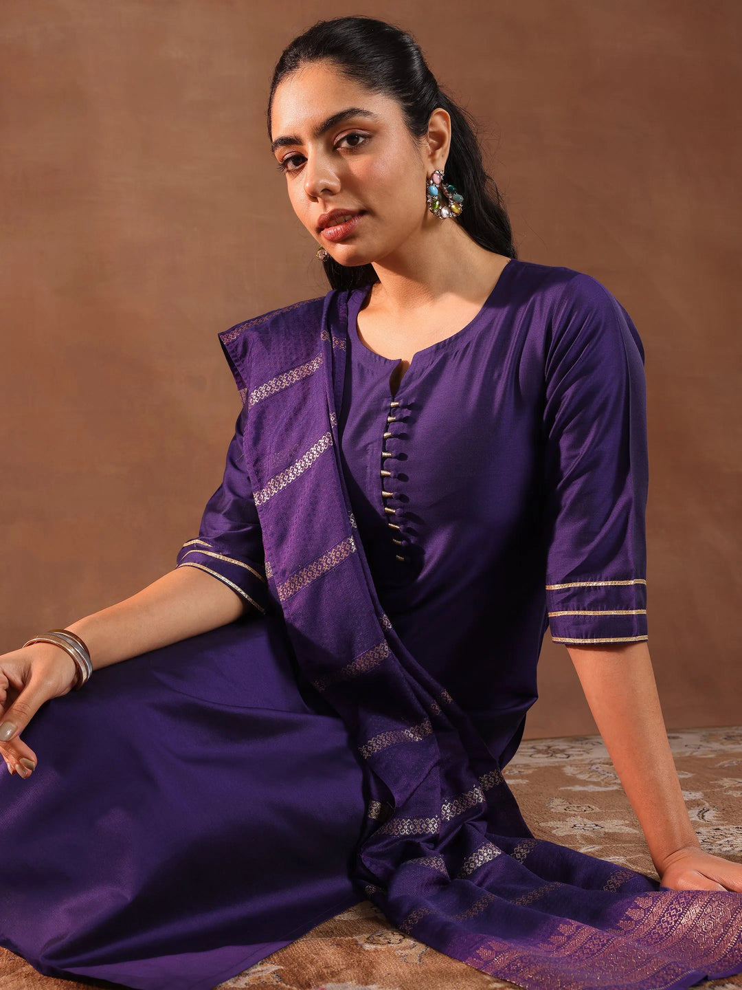  Purple Solid Silk Blend Straight Suit Set With Dupatta 