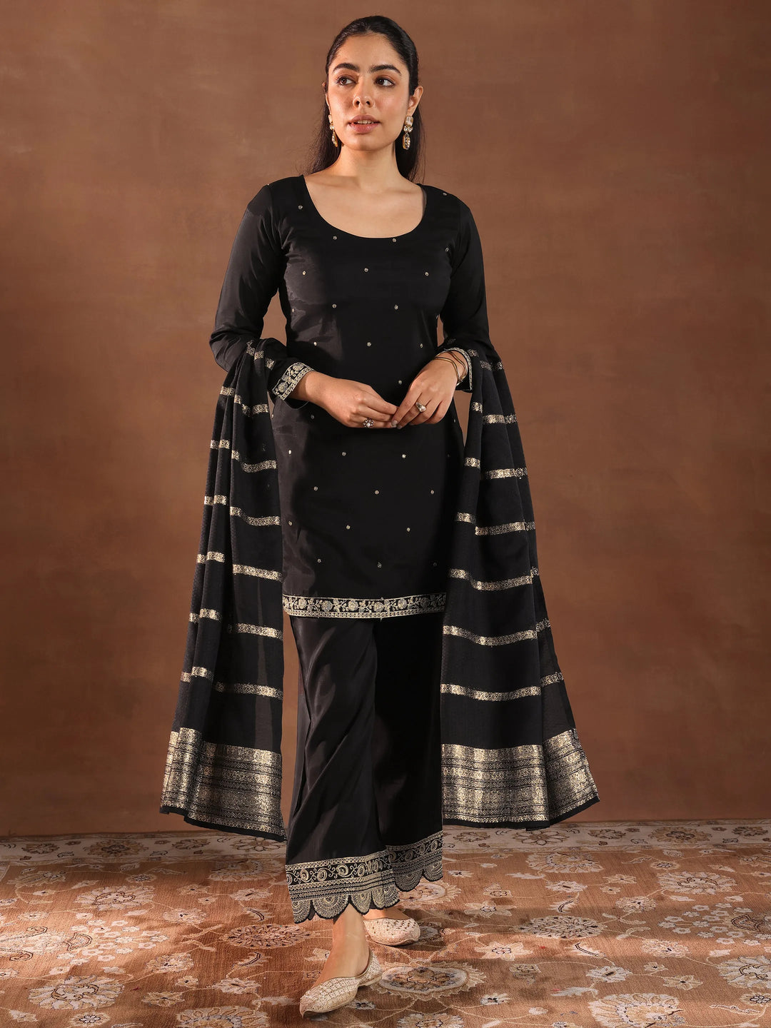  Black Embroidered Silk Blend Straight Suit Set With Dupatta 