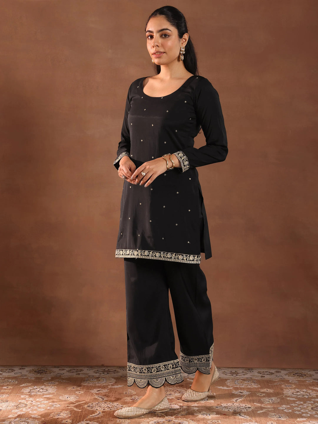  Black Embroidered Silk Blend Straight Suit Set With Dupatta 