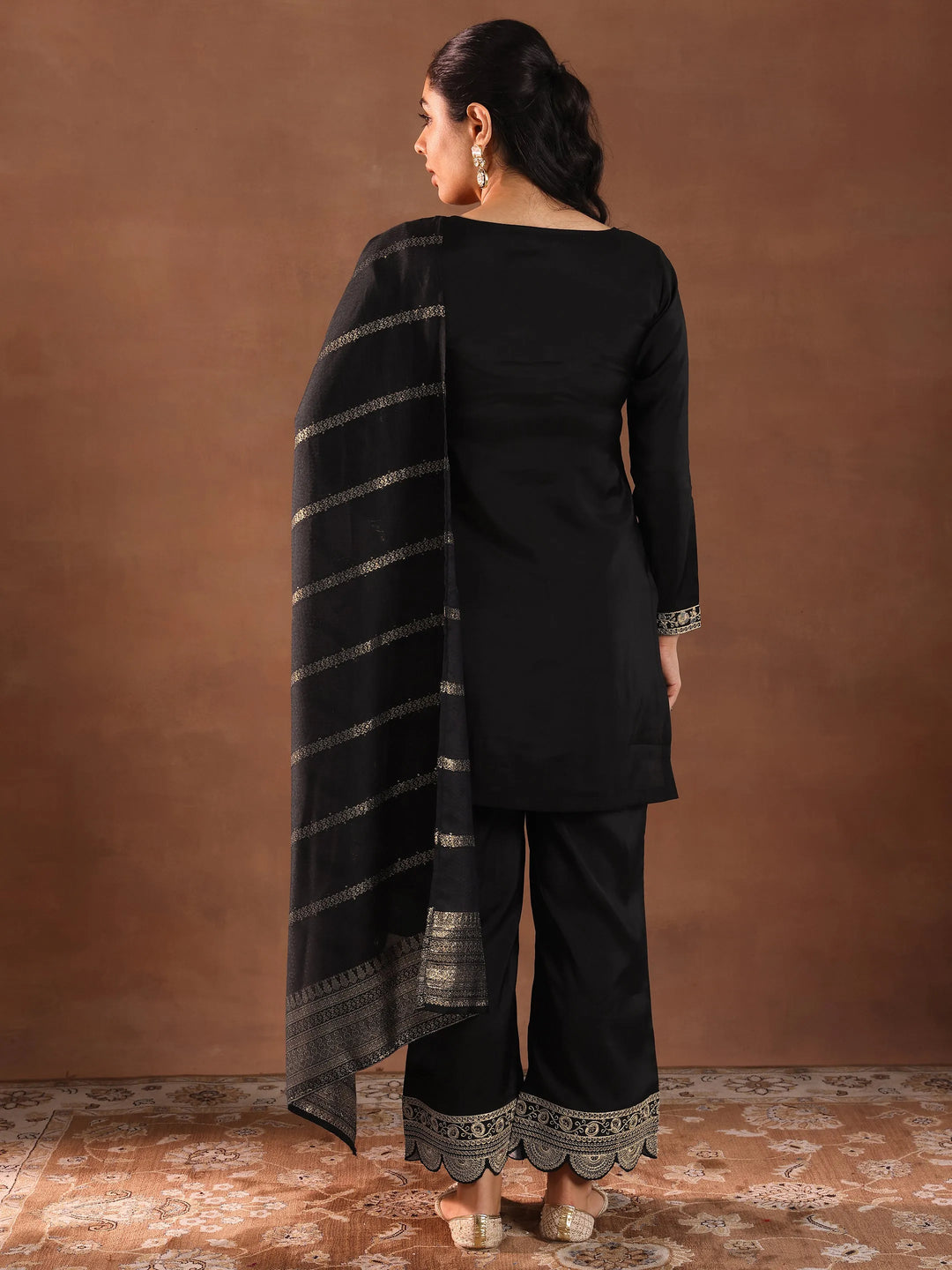  Black Embroidered Silk Blend Straight Suit Set With Dupatta 