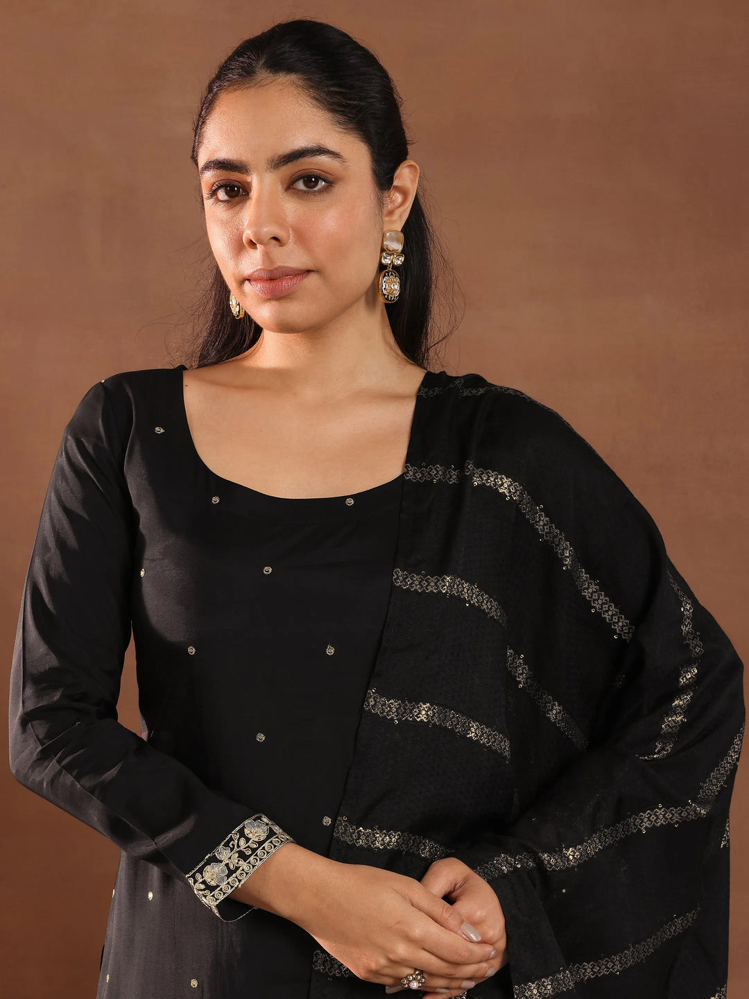  Black Embroidered Silk Blend Straight Suit Set With Dupatta 