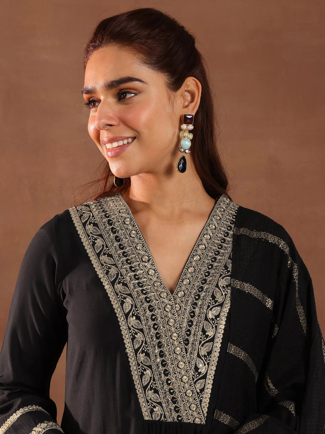  Black Embroidered Silk Blend A-Line Suit Set With Dupatta 