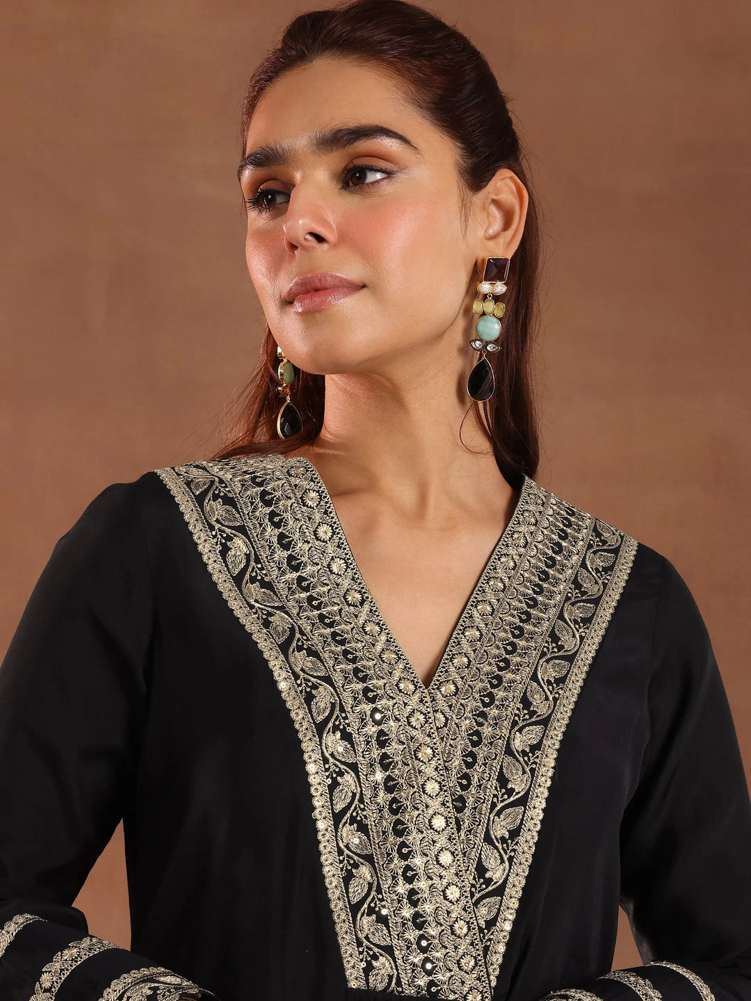  Black Embroidered Silk Blend A-Line Suit Set With Dupatta 