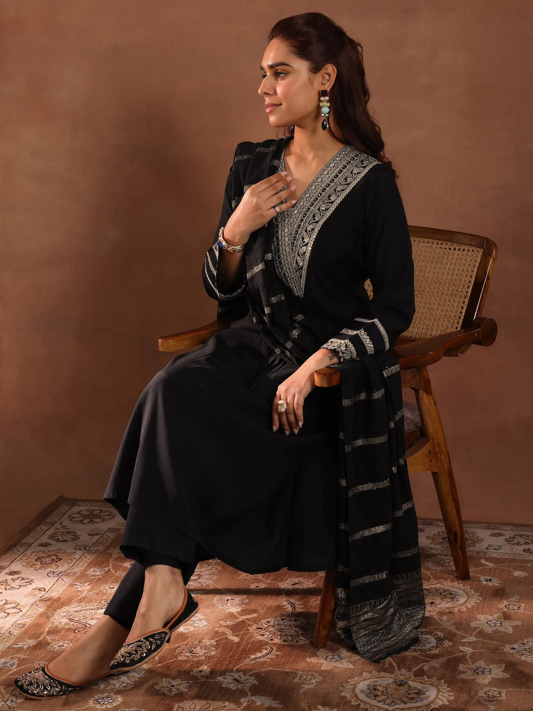  Black Embroidered Silk Blend A-Line Suit Set With Dupatta 