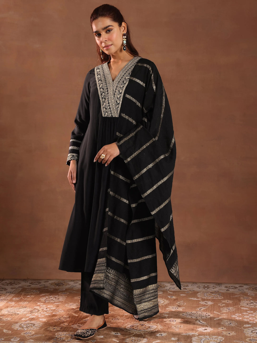  Black Embroidered Silk Blend A-Line Suit Set With Dupatta 