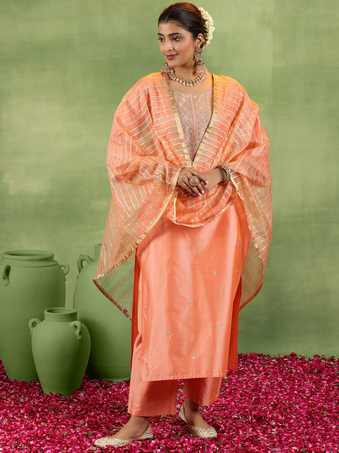 Peach Embroidered Silk Blend Straight Suit With Dupatta