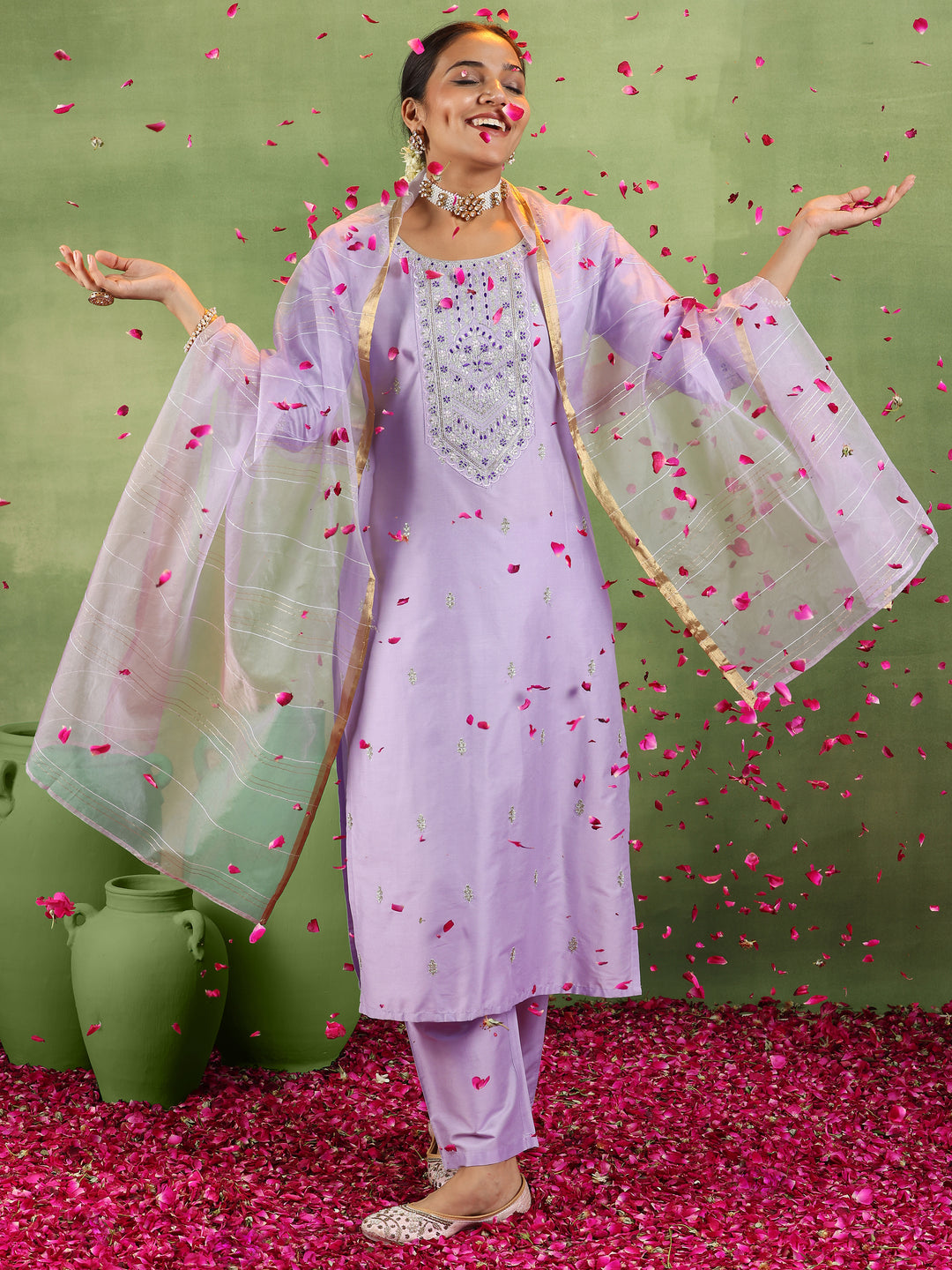 Lavender Embroidered Silk Blend Straight Suit With Dupatta