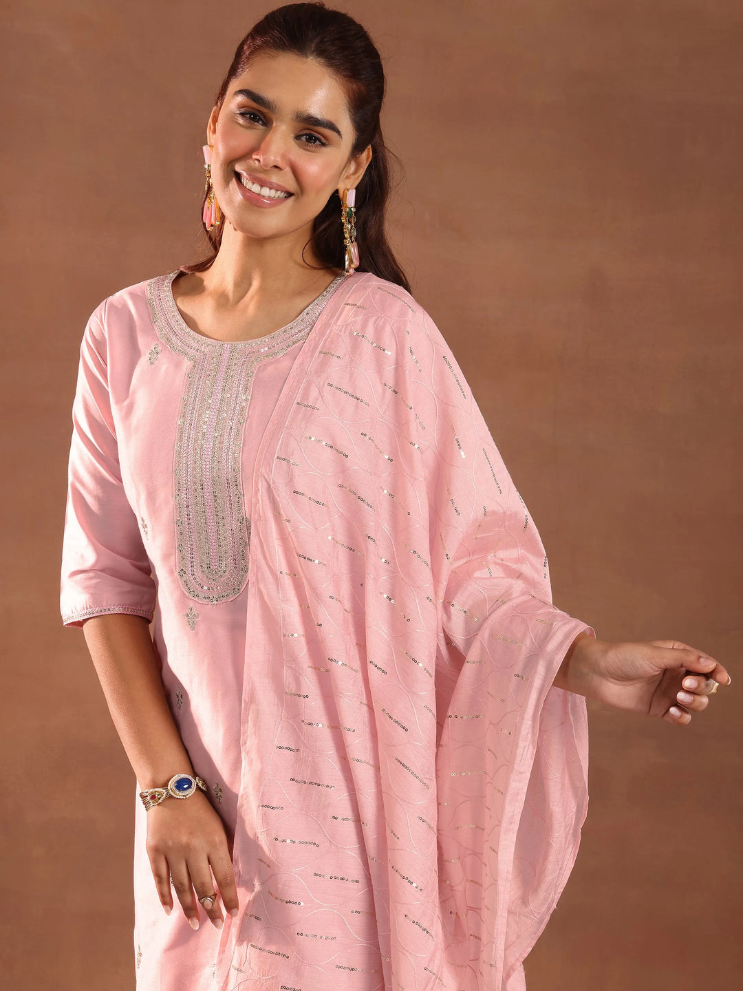 Pink Embroidered Silk Blend Straight Suit Set With Dupatta