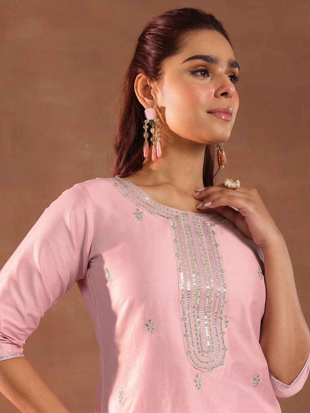  Pink Embroidered Silk Blend Straight Suit Set With Dupatta 