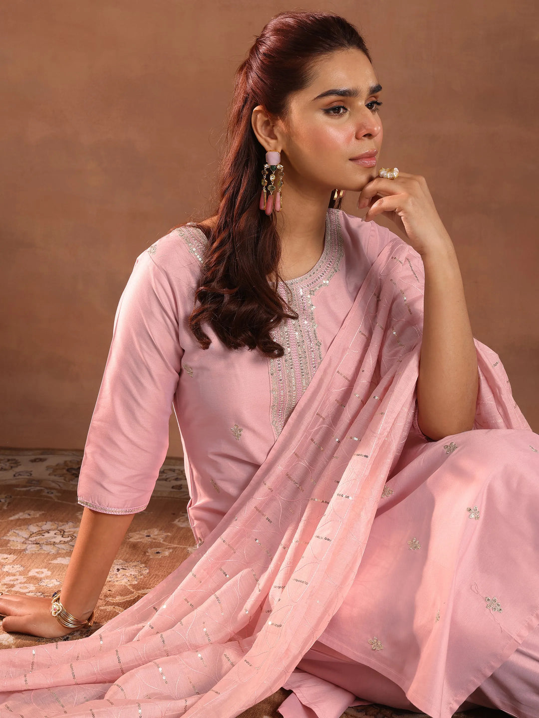  Pink Embroidered Silk Blend Straight Suit Set With Dupatta 