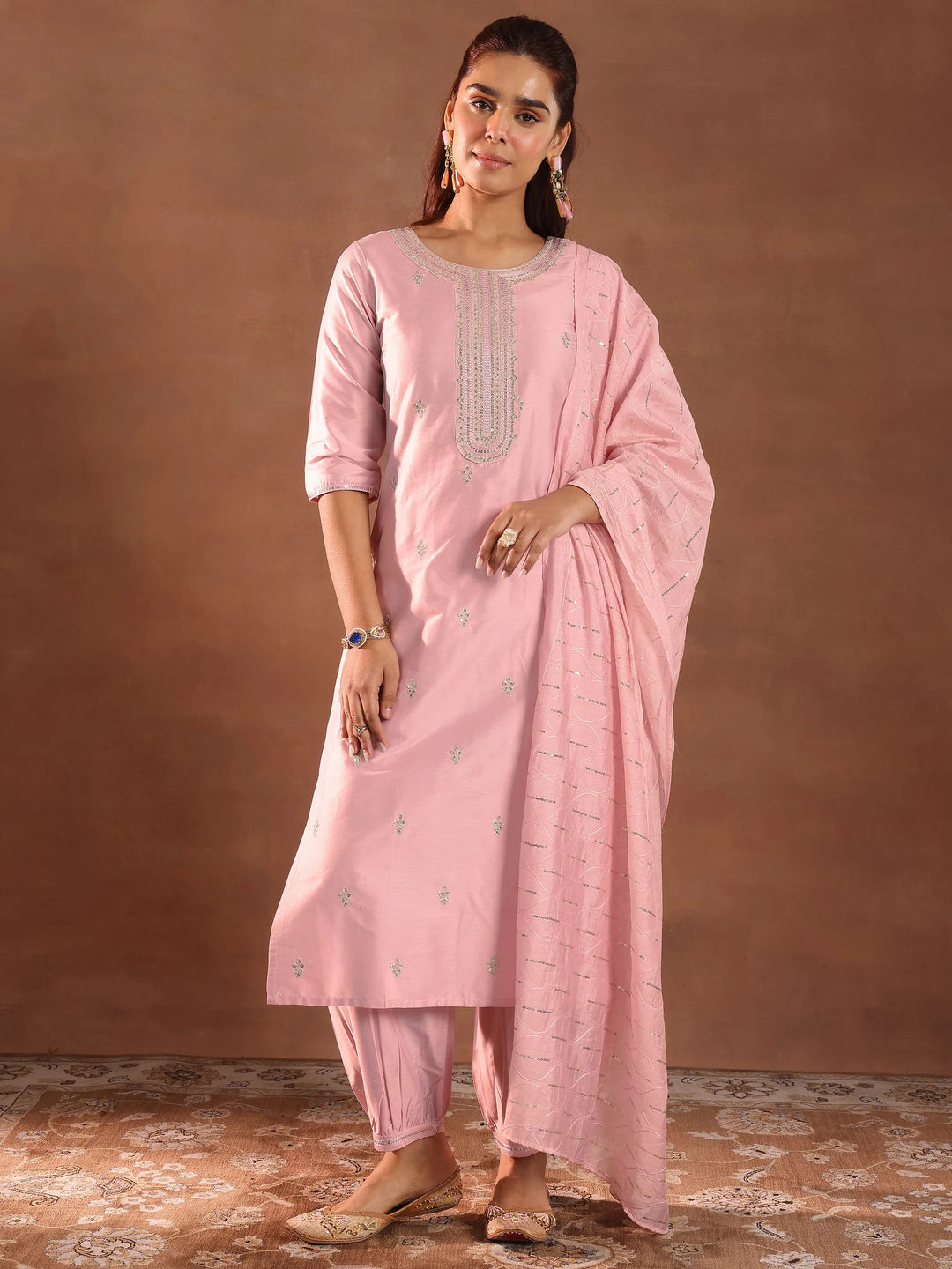  Pink Embroidered Silk Blend Straight Suit Set With Dupatta 